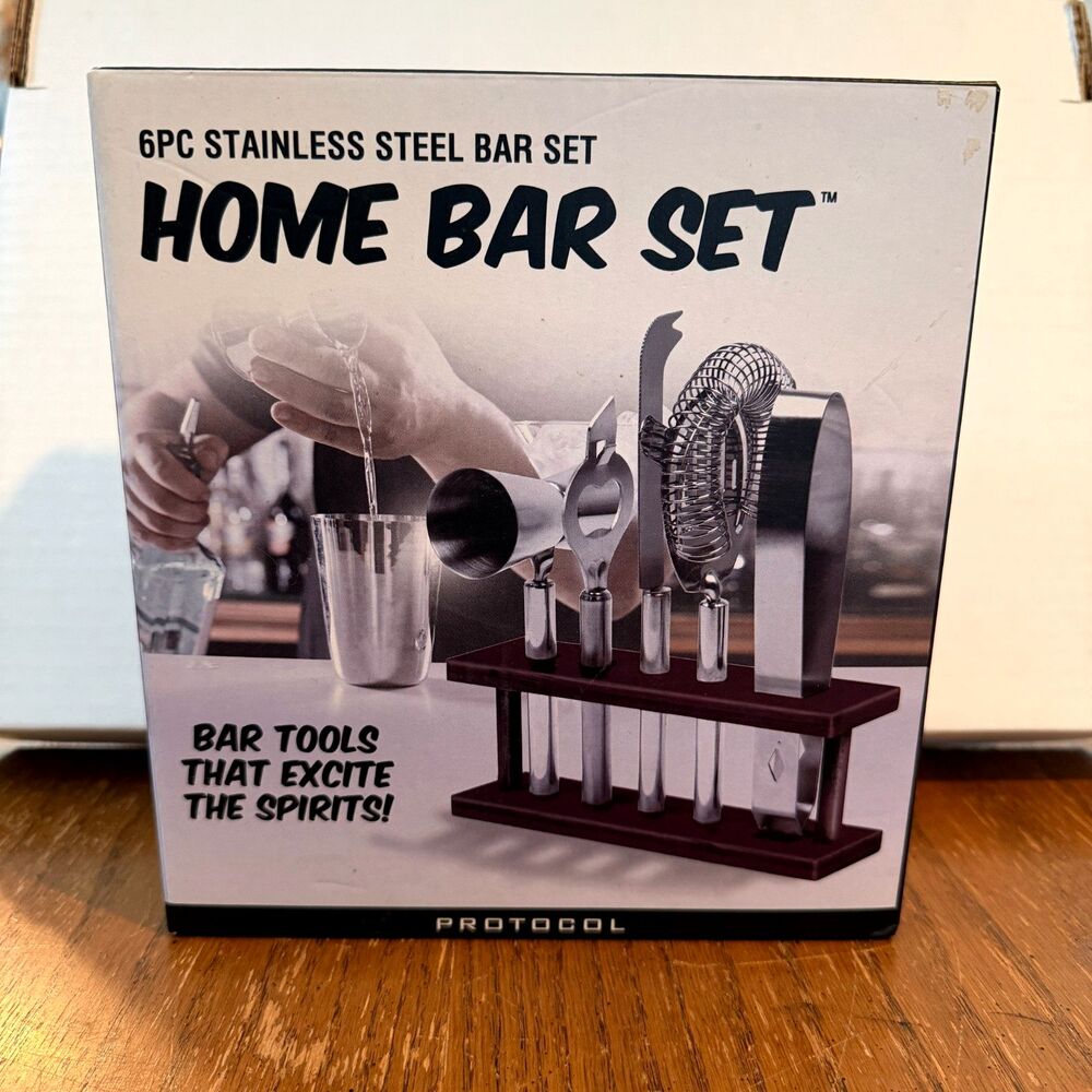 Protocol 6 Pc Stainless Steel Home Bar Set Cocktail Tools w/ Wood Stand New